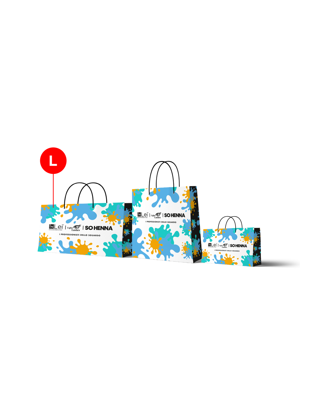 BORSETTA SHOP Tg.L | in carta con grafica personalizzata dei brand