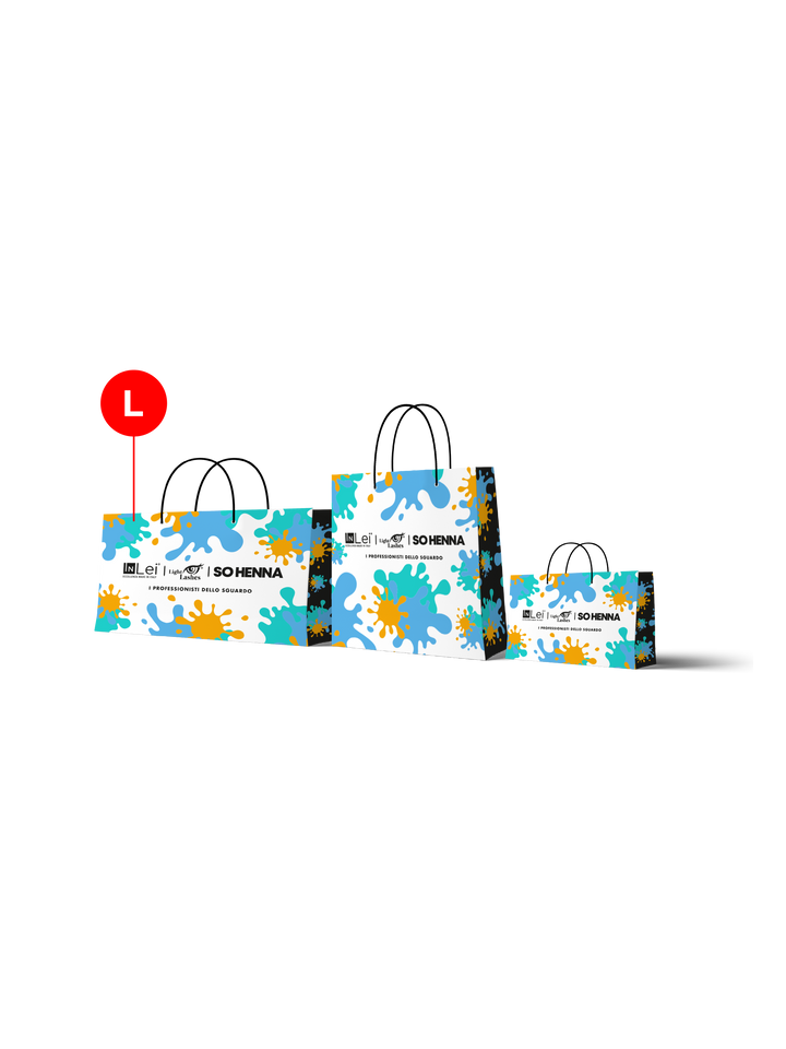 BORSETTA SHOP Tg.L | in carta con grafica personalizzata dei brand